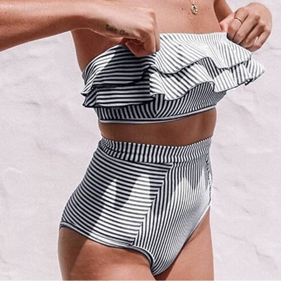 Other - NWOT High Waisted Bikini Ruffle Stripped Removable Straps Swimsuit Bathing Suit
